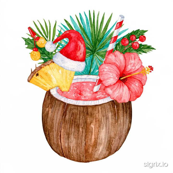 Tropical Christmas Watercolor Clipart for Midjourney sample generation 6